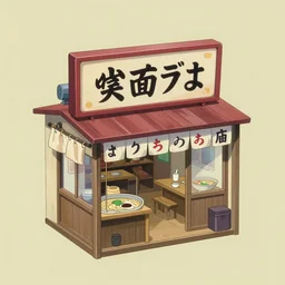 outside 3 quarter view of miniature very old ramen shop, studio gibli, hayao miyazaki, clean, cartoon style, isometric view, trending on artstation, global illumination,