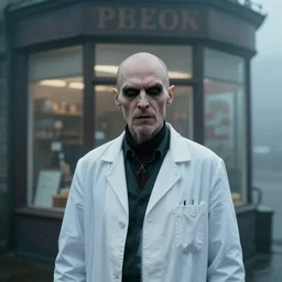 a realistic cinematic headshot portrait of an evil scientist, stood outside a corner shop, foggy, detailed, depth of field, movie still, dramatic lighting, by krenz cushart and!! annie leibovitz!!