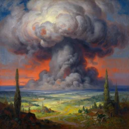 beautiful vivid dangerous alien landscape with evil looming with giant clouds of smoke, by roger dean, by anton fadeev, by albert bierstadt, magical realism, oil on canvas, soft render, octane, artstation
