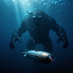 a huge monster of the deep emerges out of the dark to attack a small submersible, horror, eerie lighting, god rays