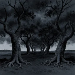 in the black storm, gnarled trees on a darkling plain, low light, tree roots, drawn by christan delort and jean gireaud, wide angle, centered composition, golden ratio