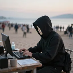 hacker sit on his computer on a crowd beach.
