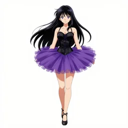 a beautiful anime woman with long black hair, wearing a black corset top and a purple tutu, full body art by Steve Argyle
