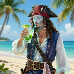 a portrait of a translucent male ghost pirate peacefully drinking a mojito on a tropical island, digital art, sharp focus, hyper realistic, highly detailed by peter mohrbacher, artgerm, wlop, wayne barlowe, boris vallejo and paolo eleuteri serpieri