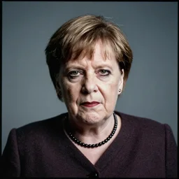 Medium shot portrait of goth Angela Merkel with makeup, facial tattoos, piercings and a mohawk, sneering at the camera, split lighting! F 1.8, Kodachrome