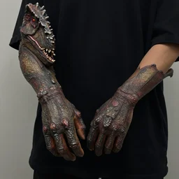 person with dinosaur arms