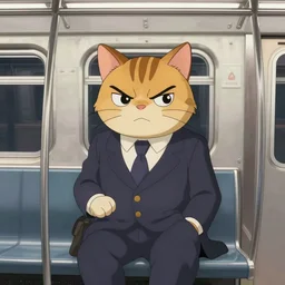 “ angry cat wearing a suit riding the subway in new york city, studio ghibli, spirited away, princess mononoke, anime style, by hayao miyazaki ”