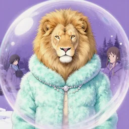 aesthetic portrait commission of a albino male furry anthro lion under a lavender bubble filled while wearing a cute mint colored cozy soft pastel winter outfit with pearls on it, winter atmosphere. character design by artgerm, and makoto shinkai, detailed, inked, western comic book art, 2 0 2 0 award winning painting