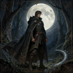 full moon, adventurer outfit large cloak, fantasy forest landscape, dragon scales, fantasy magic, dark light night, intricate, elegant, sharp focus, illustration, highly detailed, digital painting, concept art, matte, art by WLOP and Artgerm and Greg Rutkowski and Alphonse Mucha, masterpiece