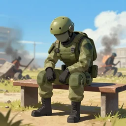 an android soldier sits on a bench as a battle rages behind him, sad, hunched shoulders, blue skies, sunny day, concept art