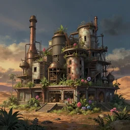 a beautiful detailed rendering of industrial architecture store city unfinished building architecture nature urbex by asher brown durand, at night at dusk alien studio ghibli desert sunlight architecture island cgsociety otherworldly flowers at dawn forest wilderness retro, archdaily, wallpaper, highly detailed, trending on artstation.