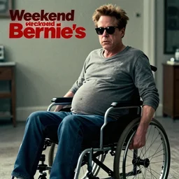 movie poster for weekend at bernie's 3, pregnant robert downey jr in a wheelchair with dark sunglasses, pregnant robert downey jr. in a wheelchair pallid grey facial flesh, cinematic lighting, rigor mortis pregnant comedy corpse in a wheelchair, comedy movie poster for pregnant robert downey starring in weekend at bernie's, bernie