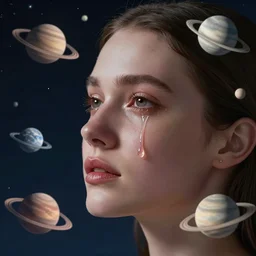 face shot of a woman, tears flowing down, [ planets orbit around her ] trending on artstation 3 2 k quality cgsociety contest winner award winning art sharp intricate detailed refined details concept art surrealism cinematic effervescent