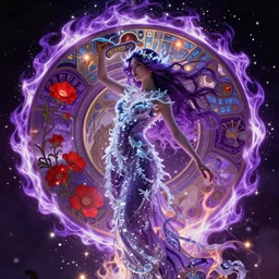 she dreams of arcs of purple flame intertwined with glowing sparks, glinting particles of ice, dramatic lighting, steampunk, bright neon, secret holographic cyphers, red flowers, solar flares, high contrast, smooth, sharp focus, intricate art by alphonse mucha and greg rutkowski and ruan jia