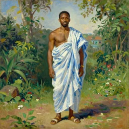 royal portrait of king of dahomey outdoors dressed in airy blue and white benin toga and sandals, 1905, brightly coloured oil on canvas, by ilya repin