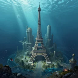 the underwater city of paris, digital painting, trending on artstation, concept art, matte painting, highly detailed, final fantasy, jrpg, art by greg rutkowksi, craig mullins, octane render, 8 k