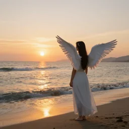 Angel on the beach watching the sunset