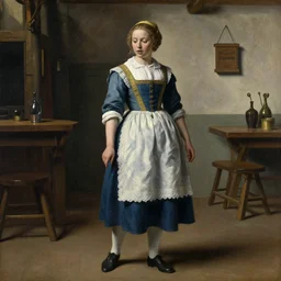 full body painting of a young female barmaid in old fashioned clothes looking down with a slightly surprised expression, medieval tavern in the background, 4k oil on linen by vermeer, highly detailed, soft lighting 8k resolution