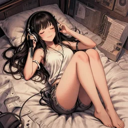 full body portrait of a photorealistic anime girl, absurdly beautiful, gorgeous, youthful, smiling, eyes closed, listening to music on headphones, laying down on a bed, an ultrafine hyperdetailed illustration by loish, ross tran, intricate linework, ambient lighting, musical environment, global illumination, trending on pivix.