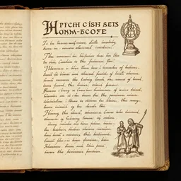 photo of a page from a fantasy wizard's textbook. the book is old, leather bound, yellowed pages and hand written in large loopy writing. the page is showing how to cast a spell. illustrations in the book are by artgerm and greg rutkowski