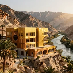 photo of a golden modern museum in a arid mountain and palm forest on a cliff and mountains in russia, next to river and valley, the museum is made of rammed earth wooden panels windows, 5 stories high, perforations texture brown wooden curves cascaded openings, layers, trees and vegetation, snohetta, sun rays, golden hour atmosphere