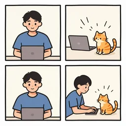 A 3 panel comic strip featuring a human male and a striped orange cat