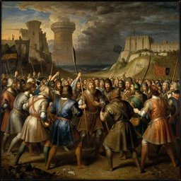 painting of a massive medieval war by George Stubbs, renaissance painting, oil painting, old master
