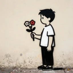 a side profile of a single boy holding flowers in the style of Banksy, graffiti, digital art