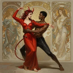 a photograpic portrait of a black man dancing with a female devil wearing red clothes, fantasy, intricate, elegant, highly detailed, digital painting, artstation, concept art, smooth, sharp focus, illustration, art by artgerm and H R Giger and alphonse mucha