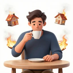 a happy man sitting at a table and taking a sip of coffee while his house burns around him