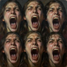entire canvas of painting is covered in screaming faces