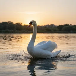 swan splashing in a summer lake, sony fe 6 0 0 mm f 4. 0 gm oss, sunset