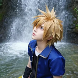 of photo photography high quality of kingdom hearts sora cosplay looking up with waterfall behind him high angle