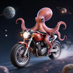 a 3 d rendering of an octopus riding a motorcycle through outer space