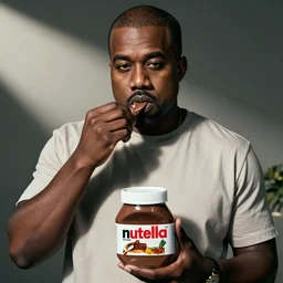 extremely fat Kanye west eating Nutella from the bottle