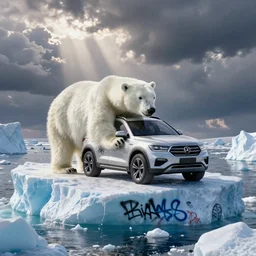 polar bear driving an suv on a melting iceberg, graffiti