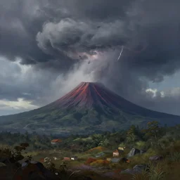 A fantasy landscape of volcano and storm in style of Terese Nielsen, Beautiful, Matte Digital Painting, 8k resolution