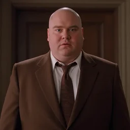 cinematic still of chubby clean-shaven white man wearing chocolate brown suit and necktie in Casper (1995), XF IQ4, f/1.4, ISO 200, 1/160s, 8K, RAW, dramatic lighting, symmetrical balance, in-frame