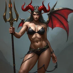 a female muscular devil with horns, wearing leather bikini, holding trident, art by artgerm and greg rutkowski and edgar maxence and alphonse mucha 8 k, high detail, fantasy art, dnd, artstation,