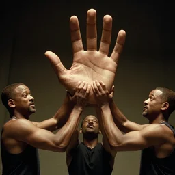 will smith with 4 arms holding up his giant hand.. training montage, movie still, cinematic lighting, 3 5 mm film.