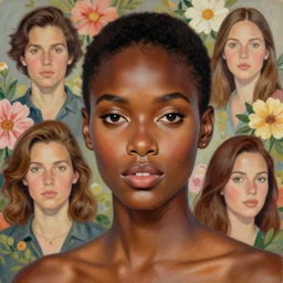 portrait of a beautiful black woman with a floral background : : painted by artgerm, karol bak, artur bordalo, sandra chevrier : : portrait, character, illustration, hyperrealism, photorealism