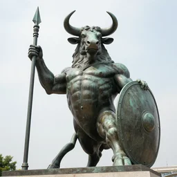 a giant bronze statue of a minotaur, bull man hybrid being holding a spear and shield