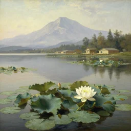 alpine pond with water lilies, a single blooming gigantic lotus flower, and simple flat roof shacks in the background, landscape painting by Albert Bierstadt. lake under hazy mountains, Frederic Edwin Church. Hudson river school monumental landscape painting, view from above, wikimedia commons full resolution