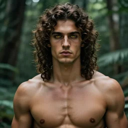 ultra close up, portrait of a muscular man, chiseled features, beautiful flowing brown curly hair, mythological, god of nature, defined muscles, artsy photography, film photo, 4 k, model posing, deep tan skin, trending on artstation, fashion photography, yellow eyes, overgrown background, dryad, verdant forest, face