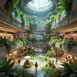 Interior of an interstellar abandoned shopping mall overgrown with plants, rendered by Beeple, by Makoto Shinkai, synthwave style, environment concept, digital art, unreal engine, WLOP, trending on artstation, 4K UHD image,
