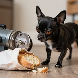 The black chihuahua coaxes a few more crumbs out of the unraveled bag. He exudes the self-satisfaction that only an animal could, and he was pleased with himself. Orange eyes glow in his wrinkled face as the metal grinder splutters to life and splices the last bits of bread together into a loaf-sized hunk.