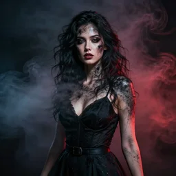 promoshoot of a girl covered with black red smoke, portrait by tom bagshaw, 8 k, uhd, detailed, cinematic, magic