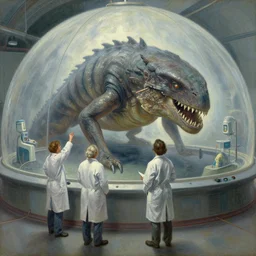 scientists inspecting a giant creature in a dome - shaped control center, grant wood, pj crook, edward hopper, oil on canvas