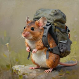 a mouse with a hiking backpack, photorealistic, high quality, oil painting, 4 k