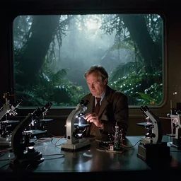 film still, 1 9 8 0 s science fiction, ridley scott, hardware science room with microscopes and strange laser devices, dark atmosphere, outside through the window thick lush moist foggy jungle, dawn, strange light,
